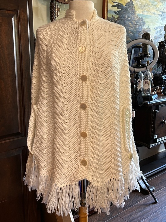 Handmade Sweaters - Hand Crochet Ivory Cream pullover Fringe Button-Front Poncho Sweater Sz S/M
